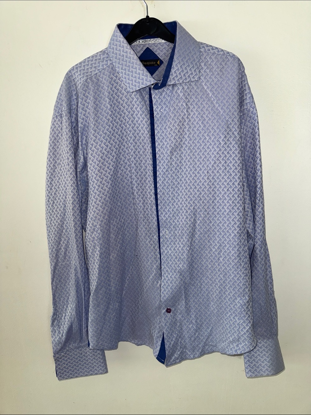 Bespoke Moda XXL Light Blue Geometric Dress Shirt Contrast Navy Trim Cuffs‎
